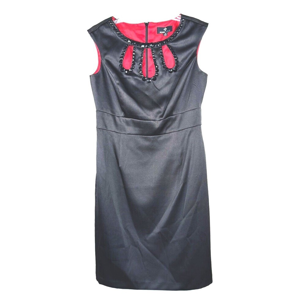 Women’s Black Satin Dress Beaded Sheath Dress  6 Ronni Nicole